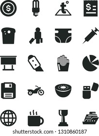 Solid Black Vector Icon Set - nappy vector, knife, temperature, earth, Easter cake, fried potato slices, cup of tea, kiwi, mercury light bulb, billboard, article on the dollar, pie charts, usb flash