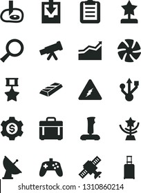 Solid Black Vector Icon Set - download archive data vector, case, fan, usb, joystick, telescope, electricity, zoom, satellite, clipboard, artifical insimination, antenna, star cup, reward, gold bar