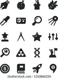 Solid Black Vector Icon Set - star vector, nuclear, zoom, dna, settings, book, pipette, oscilloscope, drawing compass, artifical insimination, biology, ink pen, reward, man with flag, on moon, pin
