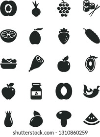 Solid Black Vector Icon Set - mushroom vector, lettuce in a plate, grill chicken leg, cucumber, chili, beet, sushi set, jar of jam, half apricot, large grape, red apple, raspberry, rose hip, mango