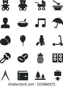 Solid Black Vector Icon Set - purse vector, woman, beanbag, baby carriage, plates and spoons, teddy bear, small, balloon, child Kick scooter, umbrella, eggs, a bowl of rice porridge, coffee beans