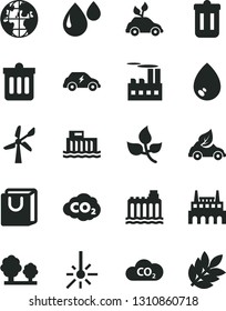 Solid Black Vector Icon Set - dust bin vector, drop, bag with handles, leaves, wind energy, hydroelectric station, hydroelectricity, trees, industrial building, factory, eco car, electric, CO2