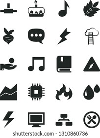 Solid Black Vector Icon Set - lightning vector, monitor window, line chart, e, flowchart, torte, beet, drop, catch a coin, speech, cpu, connect, note, electricity, flame, biology, cloud ladder, cafe