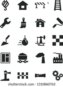 Solid Black Vector Icon Set - house vector, repair key, dwelling, hook, big core, building trowel, window, new roller, wooden paint brush, stepladder, construction level, tile, ceramic tiles, gears