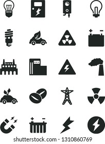 Solid Black Vector Icon Set - danger of electricity vector, incandescent lamp, lightning, dangers, boiler, coffee beans, modern gas station, manufacture, accumulator, battery, bulb, power line
