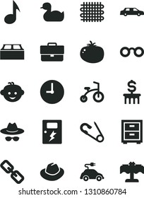 Solid Black Vector Icon Set - briefcase vector, spectacles, hat, with glasses, bedside table, open pin, rubber duck, children's hairdo, child bicycle, building block, dangers, wall clock, tomato