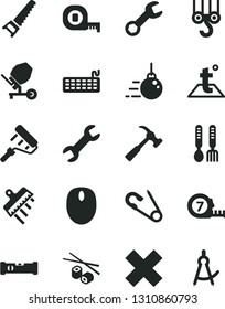 Solid Black Vector Icon Set - cross vector, open pin, iron fork spoons, winch hook, big core, concrete mixer, hand saw, measuring tape, long meashuring, paint roller, construction level, spatula