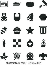 Solid Black Vector Icon Set - bib vector, teddy bear, new roller, plastic brush, tile, bell, star, cake, muffin, slice, pumpkin, leaves, flame torch, medal, ribbon, certificate, pennant flag