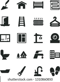 Solid Black Vector Icon Set - baby cot vector, bath, building trowel, window, arm saw, stepladder, toilet, lay out of flat, city block, heating coil, faucet mixer, kitchen, home, hanger, web camera