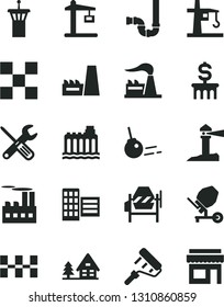 Solid Black Vector Icon Set - concrete mixer vector, small tools, paint roller, siphon, city block, tile, ceramic tiles, core, factory, hydroelectricity, industrial building, thermal power plant