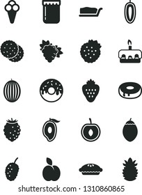 Solid Black Vector Icon Set - cake slice vector, torte, with a hole, glazed, pie, cone, jam, strawberry, strawberries, apple, biscuit, branch of grape, tasty raspberry, mulberry, melon, half mango