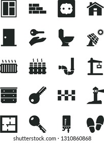 Solid Black Vector Icon Set - house vector, chest of drawers, brick wall, window, toilet, siphon, laying out, power socket type f, key, ntrance door, ceramic tiles, radiator, electronic boiler