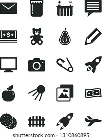 Solid Black Vector Icon Set - image of thought vector, monitor, camera, open pin, teddy bear, fence, envelope, picture, artificial satellite, jam, biscuit, apricot, part guava, battery, pencil, cash