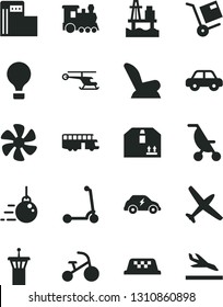Solid Black Vector Icon Set - car child seat vector, summer stroller, motor vehicle, tricycle, Kick scooter, big core, cardboard box, shipment, sea port, marine propeller, modern gas station, plane