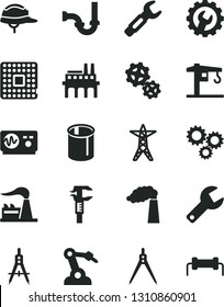 Solid Black Vector Icon Set - repair key vector, crane, sewerage, helmet, gear, manufacture, factory, power line, industrial enterprise, gears, processor, pipes, robot welder, Measuring compasses