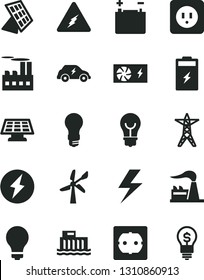 Solid Black Vector Icon Set - lightning vector, matte light bulb, power socket type b, f, charging battery, wind energy, factory, accumulator, hydroelectric station, line, industrial building, idea