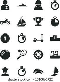 Solid Black Vector Icon Set - stopwatch vector, bath ball, Kick scooter, timer, racer, retro car, pedestal, prize, star reward, man with medal, first place, aim, sail boat, motorcycle, pool, tennis