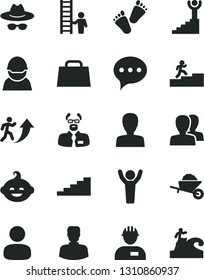 Solid Black Vector Icon Set - woman vector, women, hat with glasses, funny hairdo, children's tracks, workman, garden trolley, speech, racer, man, hand bag, scientist, arrow up, carrer stairway