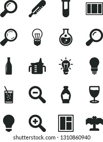 Solid Black Vector Icon Set - matte light bulb vector, zoom, out, measuring cup for feeding, mercury thermometer, window, frame, a glass of soda, bottle, round flask, magnifier, test tube