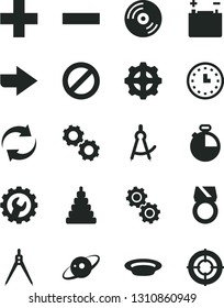 Solid Black Vector Icon Set - prohibition vector, right direction, renewal, plus, minus, stacking toy, gear, timer, CD, plate, accumulator, wall watch, gears, drawing compass, saturn, gold ring, aim