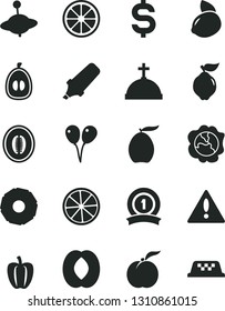 Solid Black Vector Icon Set - warning vector, yule, colored air balloons, ripe peach, squash, quince, loquat, half, melon, yellow lemon, juicy, slice of, pineapple, Bell pepper, text highlighter