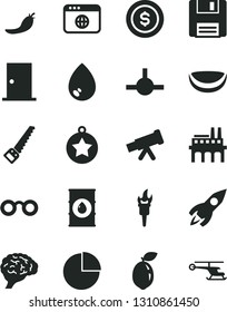 Solid Black Vector Icon Set - pie chart vector, arm saw, ntrance door, drop, sour lime, piece of coconut, red pepper, oil, industrial enterprise, rocket, browser, connect, floppy, telescope, glasses