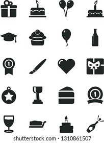 Solid Black Vector Icon Set - tassel vector, colored air balloons, balloon, cake, heart, gift, muffin, piece of, slice, birthday, glass, bottle, giftbox, gold cup, graduate, star medal, with pennant