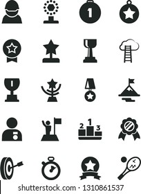 Solid Black Vector Icon Set - pedestal vector, racer, stopwatch, award, cup, gold, star, reward, man with medal, flag, motivation, purpose, first place, ribbon, cloud ladder, tennis