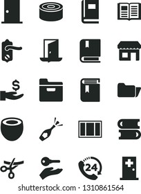 Solid Black Vector Icon Set - book vector, e, books, window frame, door knob, ntrance, folder, 24, canned goods, half of coconut, kiosk, get a wage, arm with key, exit, grand opening, champagne
