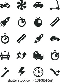 Solid Black Vector Icon Set - lightning vector, stopwatch, motor vehicle, child Kick scooter, timer, car, delivery, marine propeller, retro, rocket, space, wall watch, memory, man arrow up