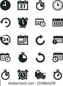 Solid Black Vector Icon Set - daily calendar vector, stopwatch, alarm clock, clockwise, counterclockwise, wall, timer, delivery, 24, watch, agenda, schedule, history