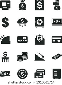 Solid Black Vector Icon Set - dollar vector, strongbox, cards, coins, reverse side of a bank card, front the, recession, financial item, dollars, cash, cashbox, gold bar, money bag hand, rain, coin