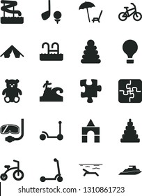 Solid Black Vector Icon Set - stacking rings vector, toy, small teddy bear, box of bricks, child bicycle, Kick scooter, Puzzle, Puzzles, air balloon, bike, tent, beach, arnchair under umbrella, pool