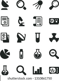 Solid Black Vector Icon Set - magnifier vector, zoom out, negative histogram, artificial satellite, round flask, radiation, dish, antenna, pie charts, statistical research, article, test tube