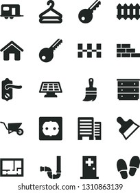 Solid Black Vector Icon Set - chest of drawers vector, house, brick wall, building trolley, wooden paint brush, siphon, lay out flat, power socket type f, key, door knob, buildings, ceramic tiles