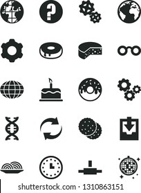 Solid Black Vector Icon Set - sign of the planet vector, renewal, download archive data, question, cogwheel, cake, cheese, onion, with a hole, glazed, biscuit, gears, globe, wall watch, connect, dna