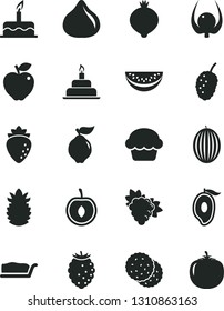 Solid Black Vector Icon Set - cake vector, birthday, slice, biscuit, branch of grape, quince, red apple, raspberry, fig, medlar, tasty, mulberry, melon, half mango, water, cherry, ripe pineapple
