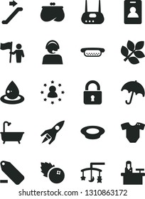 Solid Black Vector Icon Set - remove label vector, toys over the cradle, t short, bath, lock, umbrella, mini hot dog, a plate of milk, blueberries, drop oil, purse, operator, router, rocket, biology