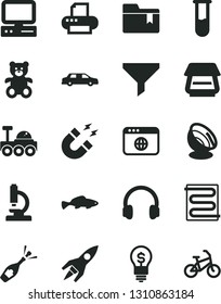 Solid Black Vector Icon Set - folder bookmark vector, teddy bear, heating coil, small fish, filter, computer, printer, scanner, headphones, browser, test tube, microscope, magnet, satellite antenna