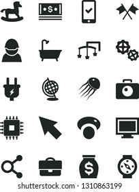 Solid Black Vector Icon Set - monitor window vector, toys over the cot, small rocking horse, gears, bath, camera, mashroom, plug, racer, portfolio, connections, money, cash, cpu, cursor, globe
