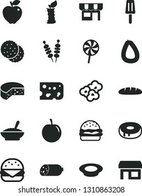 Solid Black Vector Icon Set - kiosk vector, sausage, stick of, piece cheese, loaf, fried vegetables on sticks, big burger, cake with a hole, bowl buckwheat porridge, plate milk, lollipop, popcorn
