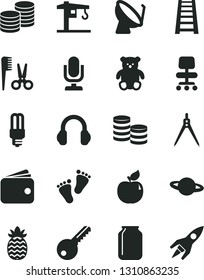 Solid Black Vector Icon Set - desktop microphone vector, accessories for a hairstyle, small teddy bear, footprints, crane, stepladder, key, coins, planet, apricot, pineapple, mercury light bulb, jar
