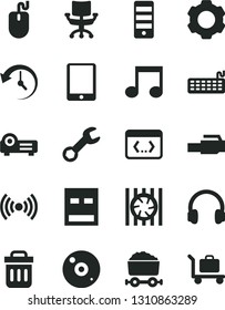 Solid Black Vector Icon Set - trolley with coal vector, tablet pc, radiator fan, mouse, keyboard, tower, usb, cd, headphones, trash bin, coding, lan connector, wireless, projector, note, chair