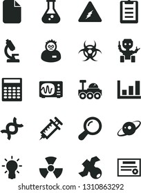 Solid Black Vector Icon Set - file vector, flask, microscope, electricity, nuclear, zoom, dna, bulb, satellite, biohazard, oscilloscope, scientist, clipboard, calculator, growth graph, robot, saturn