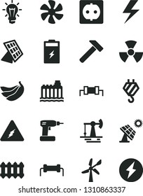 Solid Black Vector Icon Set - lightning vector, hook, cordless drill, new radiator, hammer, bananas, marine propeller, charging battery, big solar panel, working oil derrick, wind energy, bulb, sun