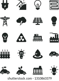 Solid Black Vector Icon Set - incandescent lamp vector, bulb, heating coil, radiator, storm cloud, solar panel, coal mining, hydroelectric station, hydroelectricity, power pole, plug, drop of oil