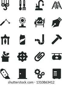 Solid Black Vector Icon Set - iron fork spoons vector, winch hook, concrete mixer, ladder, siphon, ntrance door, knife, kitchen faucet, hammer, clip, soda can, gear, welding, gears, ink pen, cup