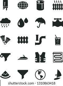 Solid Black Vector Icon Set - rainy cloud vector, heating coil, new radiator, electronic boiler, umbrella, a glass of soda, slice water melon, valve, pipes, planet Earth, drop, cast iron, filter