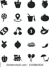 Solid Black Vector Icon Set - tumbler vector, children's sand set, baby toy train, colored air balloons, flag, onion, tomato, peper, lollipop, cherry, pomegranate, strawberry, medlar, Bell pepper