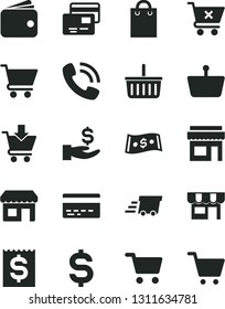 Solid Black Vector Icon Set - grocery basket vector, bank card, cart, put in, crossed, cards, kiosk, shopping, denomination of the dollar, financial item, get a wage, wallet, phone call, bag, store